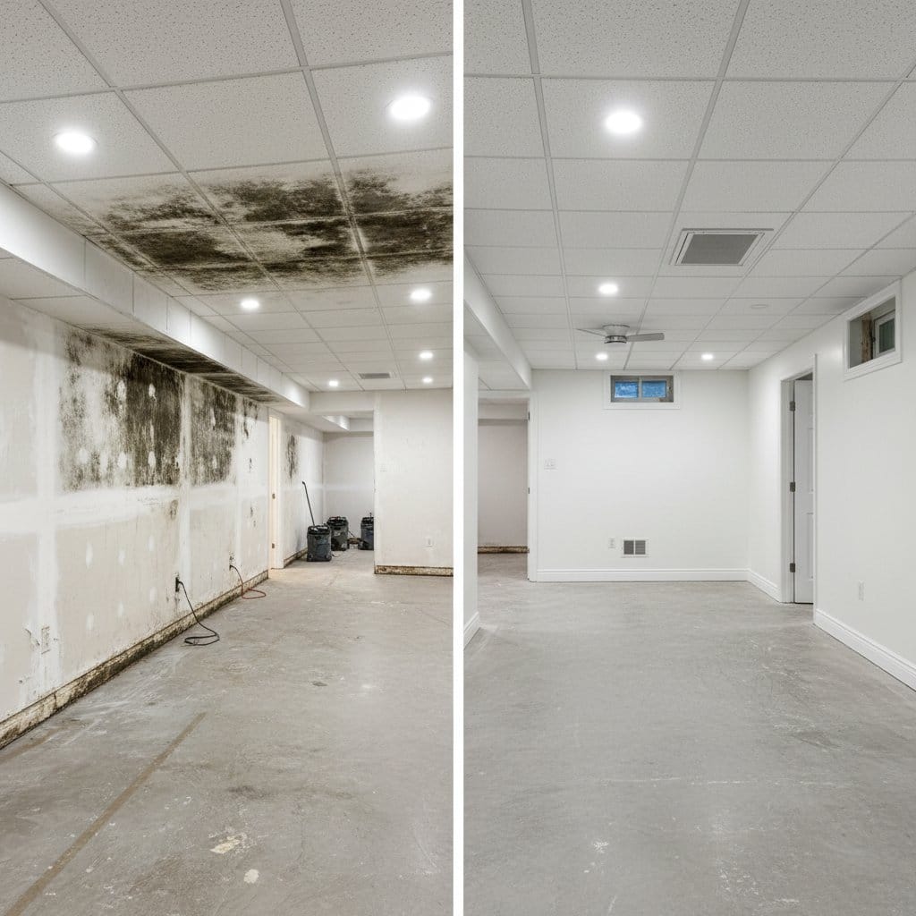 Mold Inspection & Moisture Assessment before and after in residential basement, Woodcliff Lake NJ