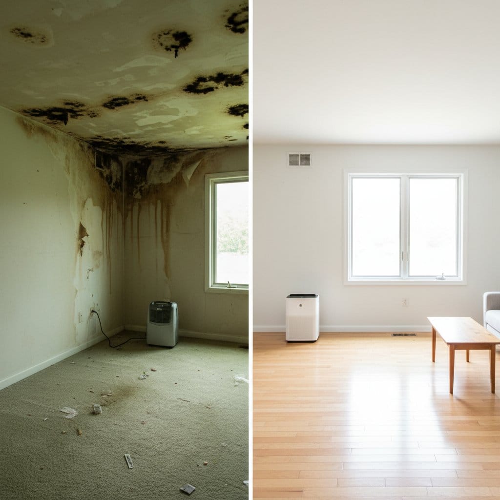 Mold Testing & Lab Reporting before and after in living room, Woodcliff Lake NJ