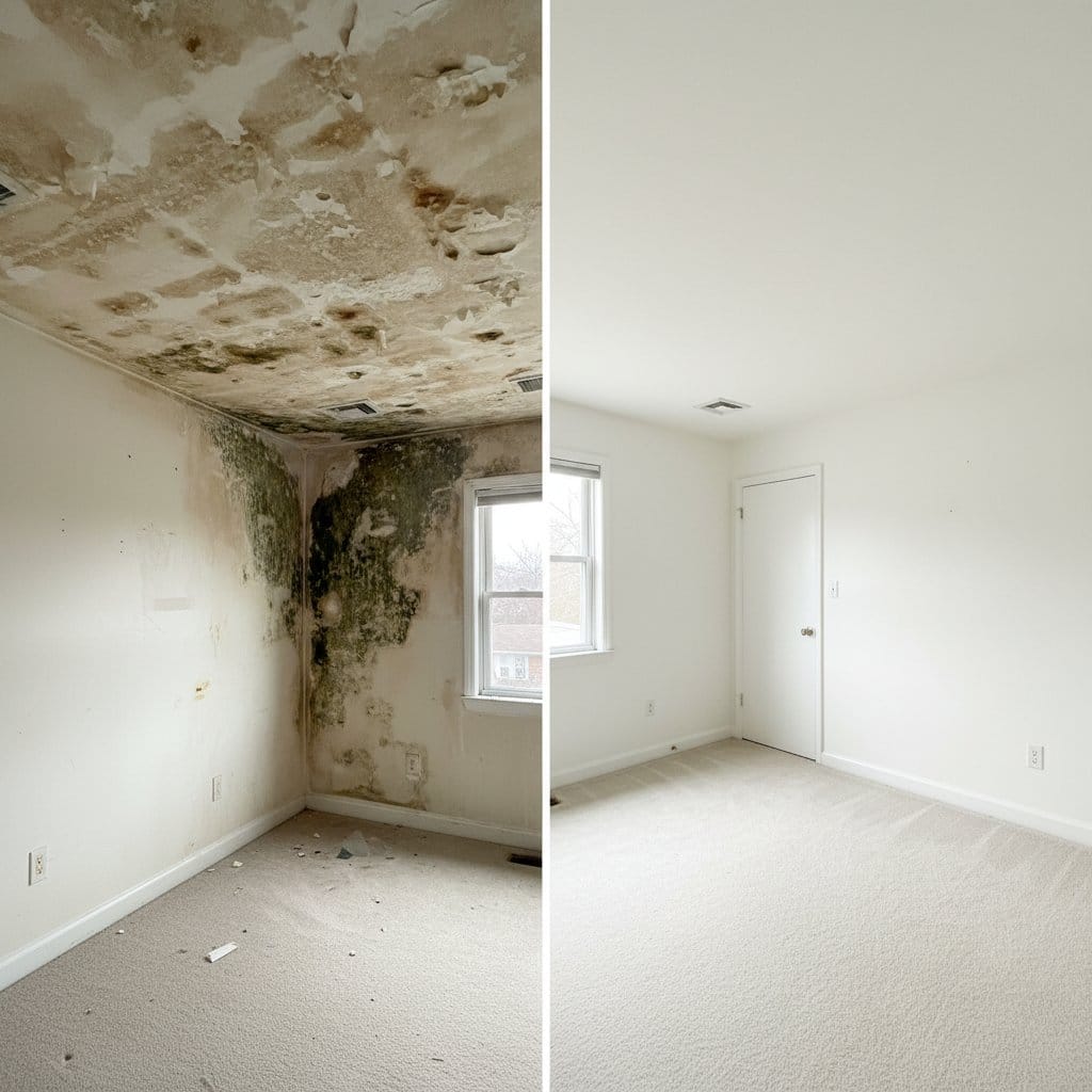 Before and after mold testing & lab reporting in Woodcliff Lake two-story residence bedroom