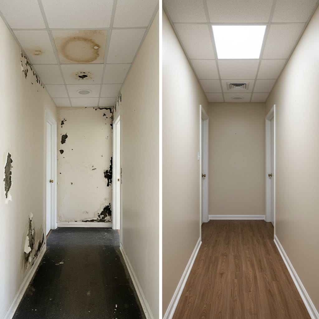 Black Mold Removal before and after in hallway, Woodcliff Lake NJ