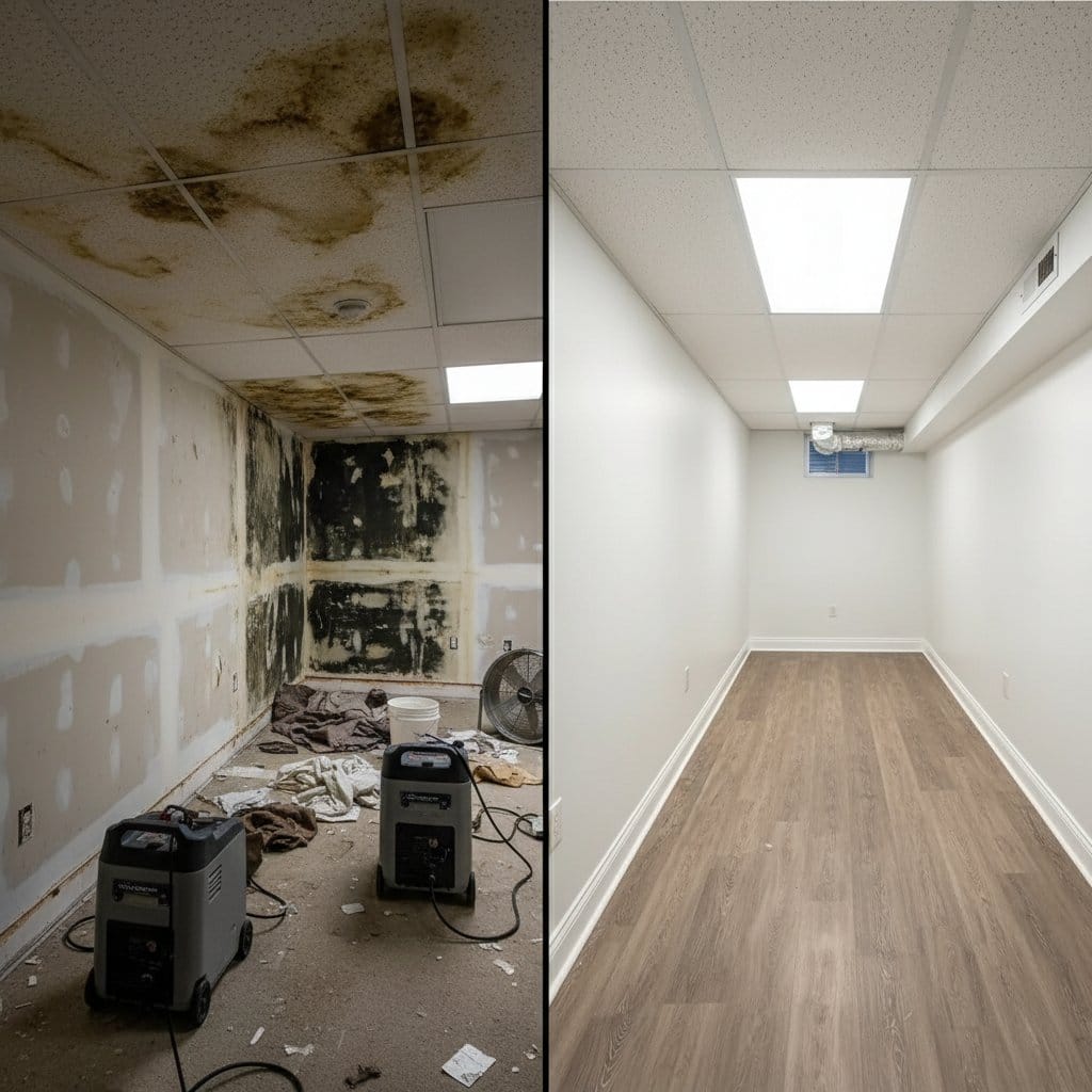 Attic & Crawl Space Mold Removal before and after in finished basement, Woodcliff Lake NJ