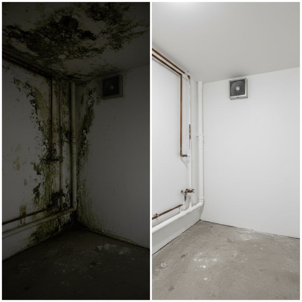Attic & Crawl Space Mold Removal restoration — utility room of split-level home in Woodcliff Lake, NJ