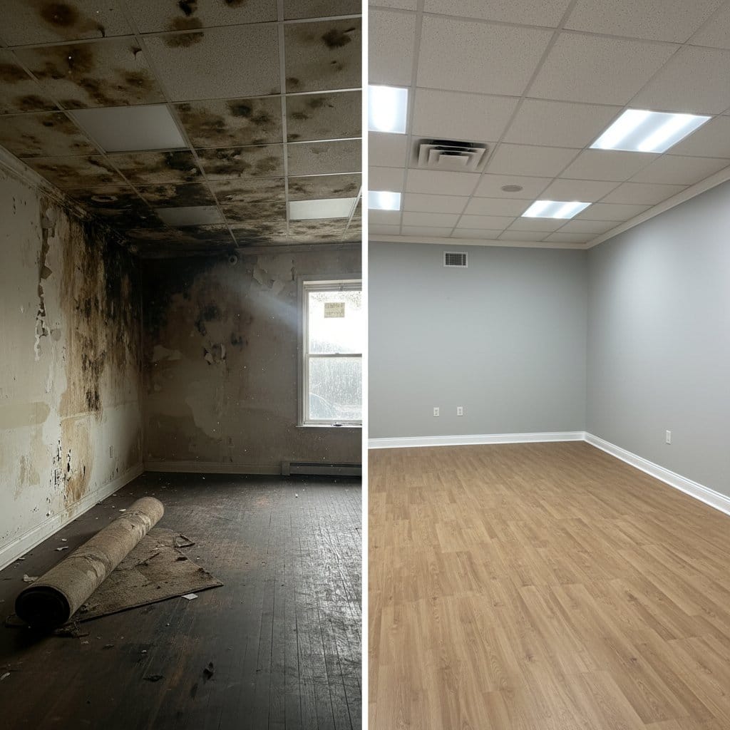 Before and after attic & crawl space mold removal in Woodcliff Lake Cape Cod house storefront interior