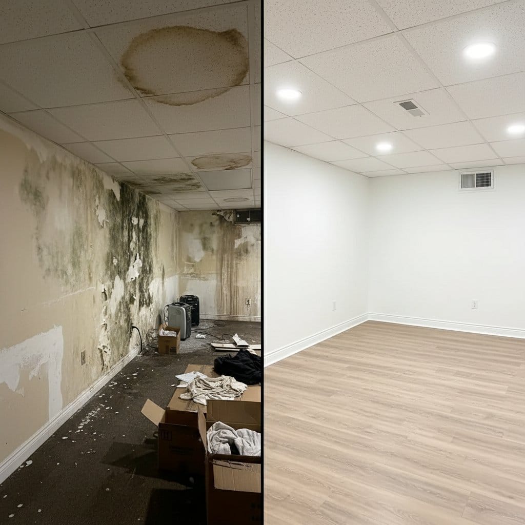Basement & Foundation Mold Removal before and after in residential basement, Woodcliff Lake NJ