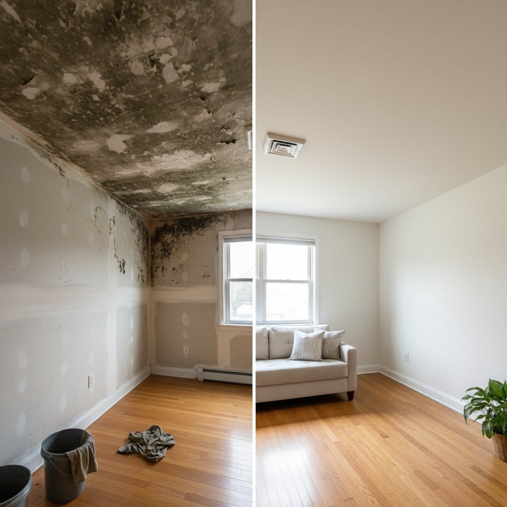 Bathroom & Kitchen Mold Removal before and after in living room, Woodcliff Lake NJ