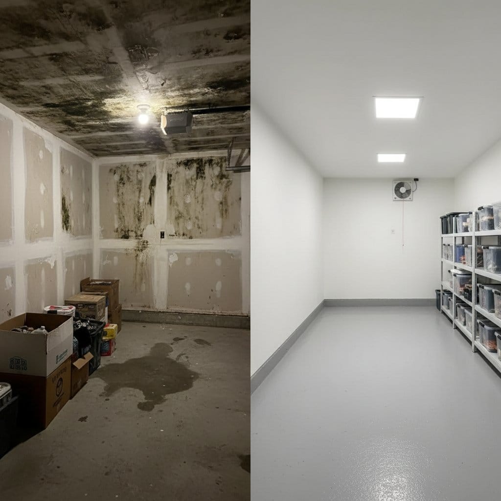 Post-Remediation Cleaning & Clearance before and after in garage, Woodcliff Lake NJ