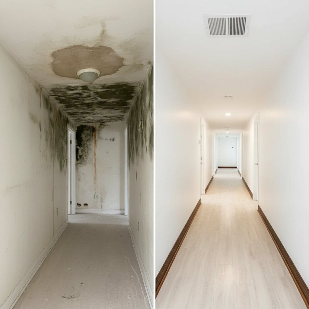 Odor Removal & Disinfection before and after in hallway, Woodcliff Lake NJ