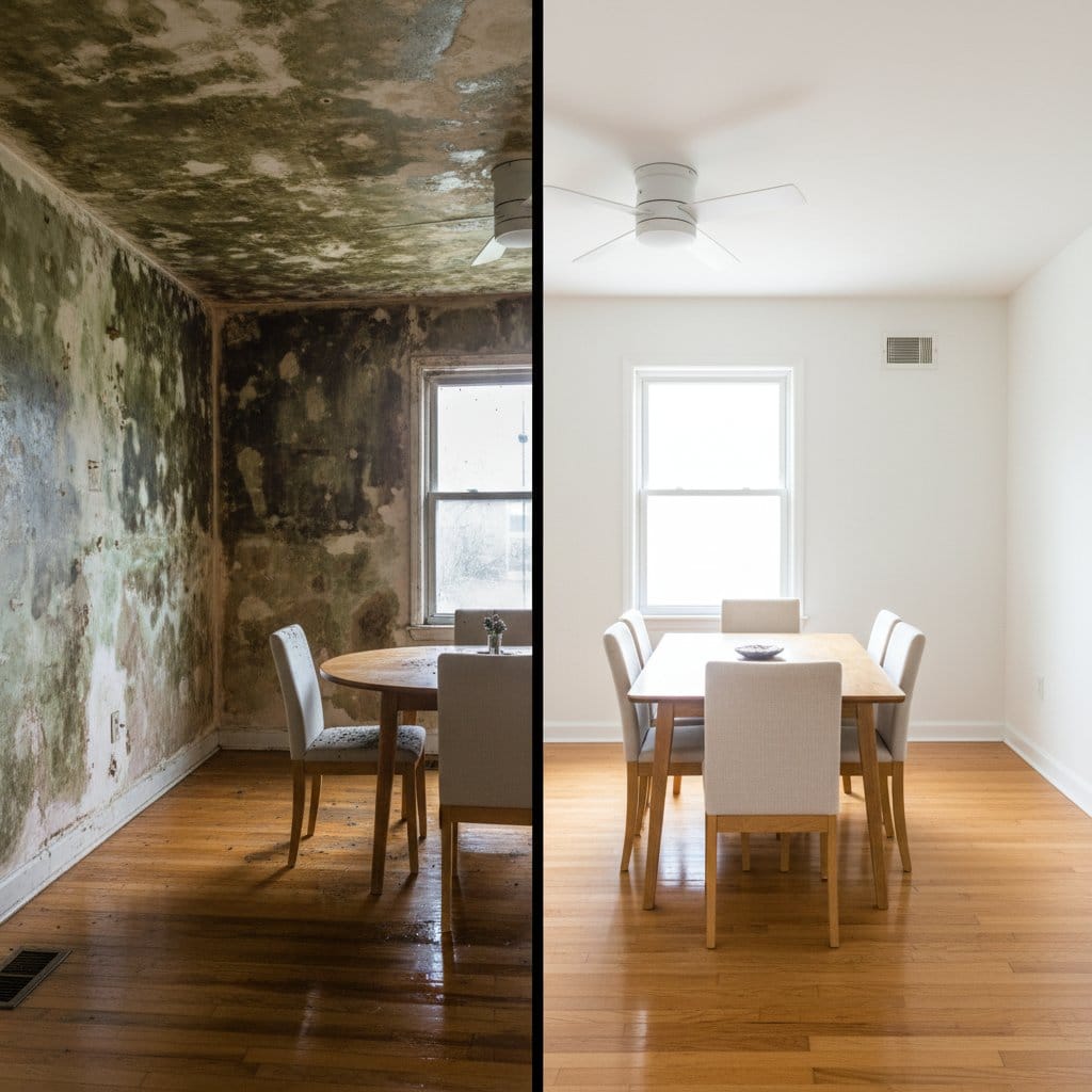 Before and after odor removal & disinfection in Woodcliff Lake ranch-style home dining room