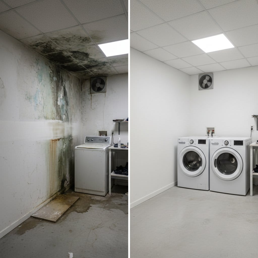 Humidity & Moisture Control Solution restoration — utility room of private residence in Woodcliff Lake, NJ