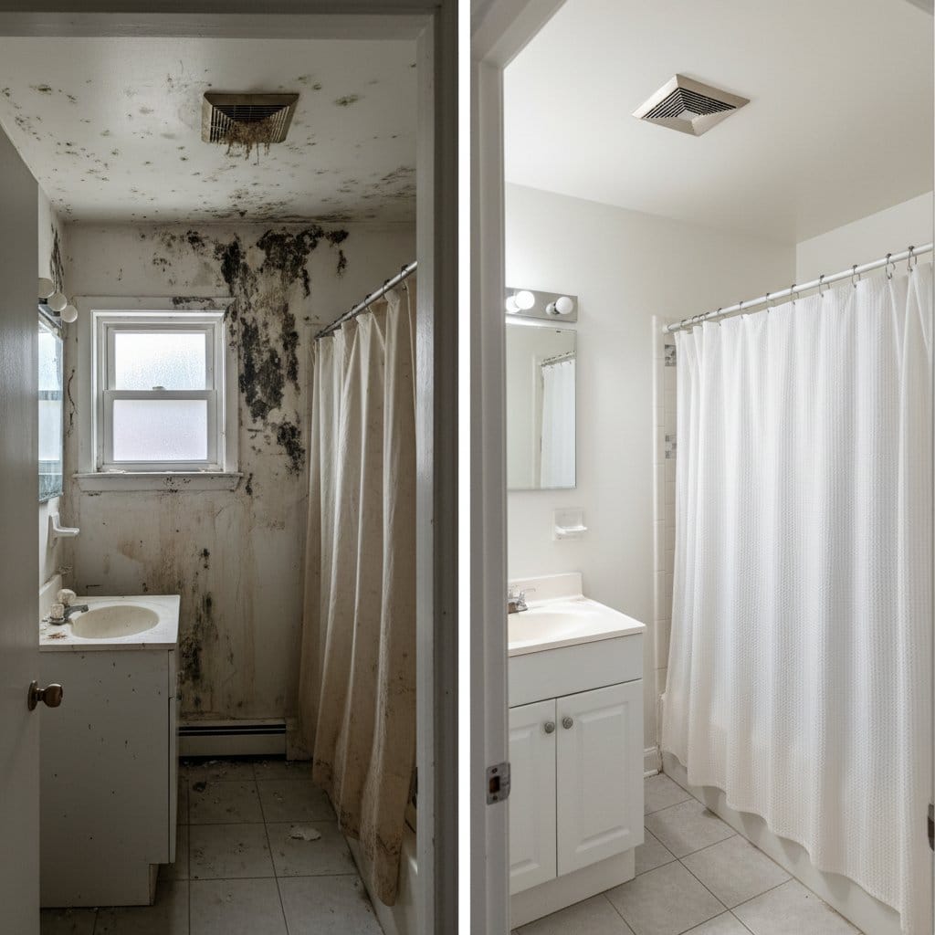 Woodcliff Lake Mold Removal bathroom restoration before and after in Woodcliff Lake