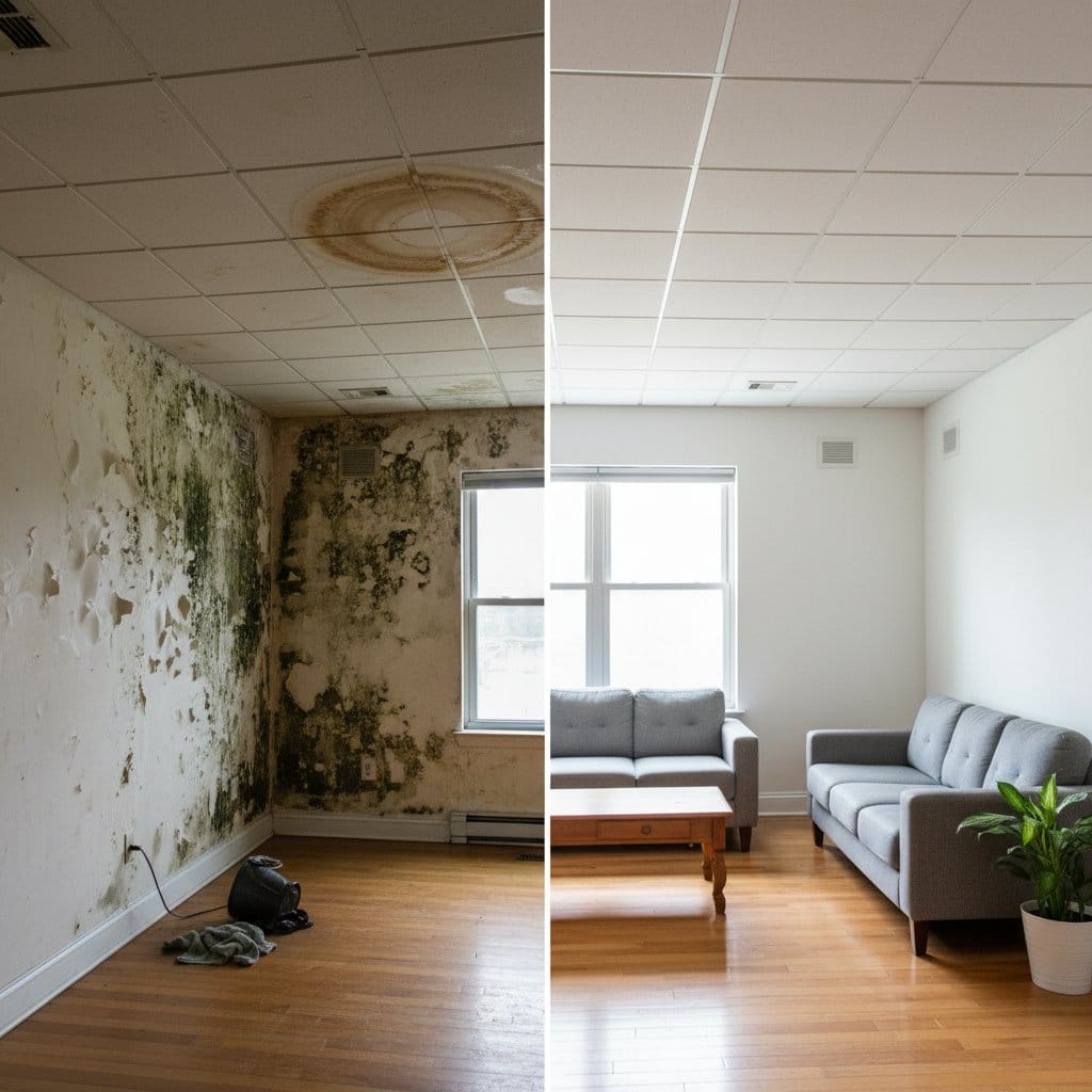 Woodcliff Lake Mold Removal living room restoration before and after in Woodcliff Lake